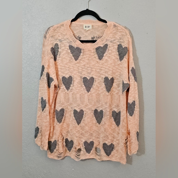 BiBi Sweaters - BiBi Distressed Knit Sweater W/Hearts Peach and Charcoal Womens Small Oversized